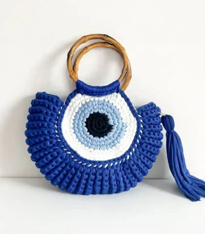 Artisan Eye-Crochet Wool Handbag blue