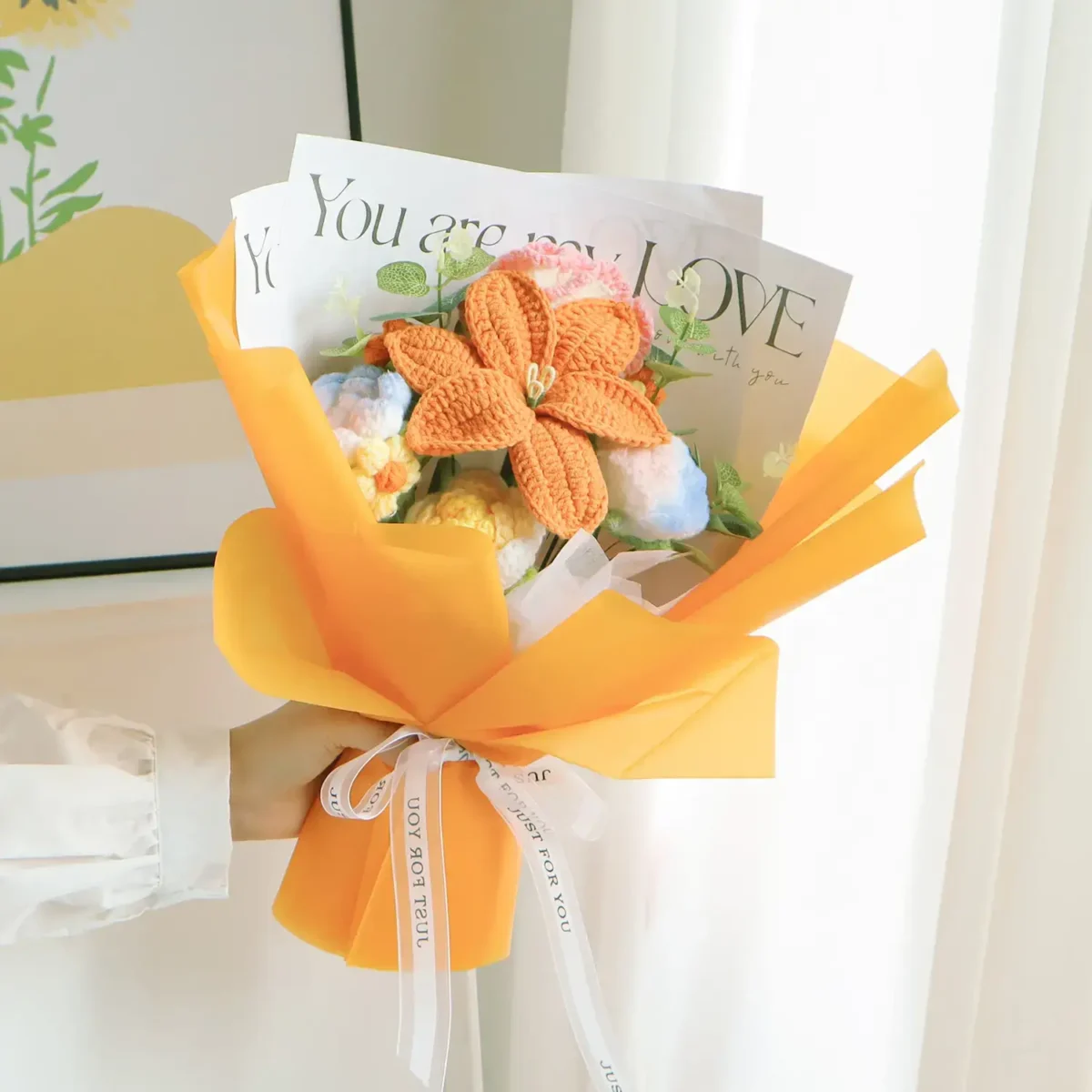 Cute Orange Everlasting Hand-Crocheted lily Bouquet