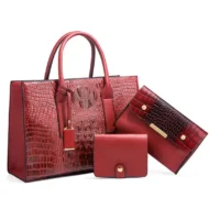 Red Cappuccino Crocodile Pattern 3-Piece Cross-body Women's Handbag Set Shoulder Tote Bag, Zipper, Purse gift for women