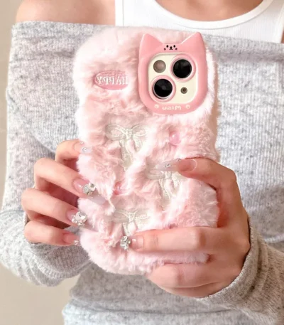 Luxury Plush Cat Ear Phone Case pink