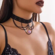 Gothic Black Lace Purple Stone Pendant Choker | Giftway