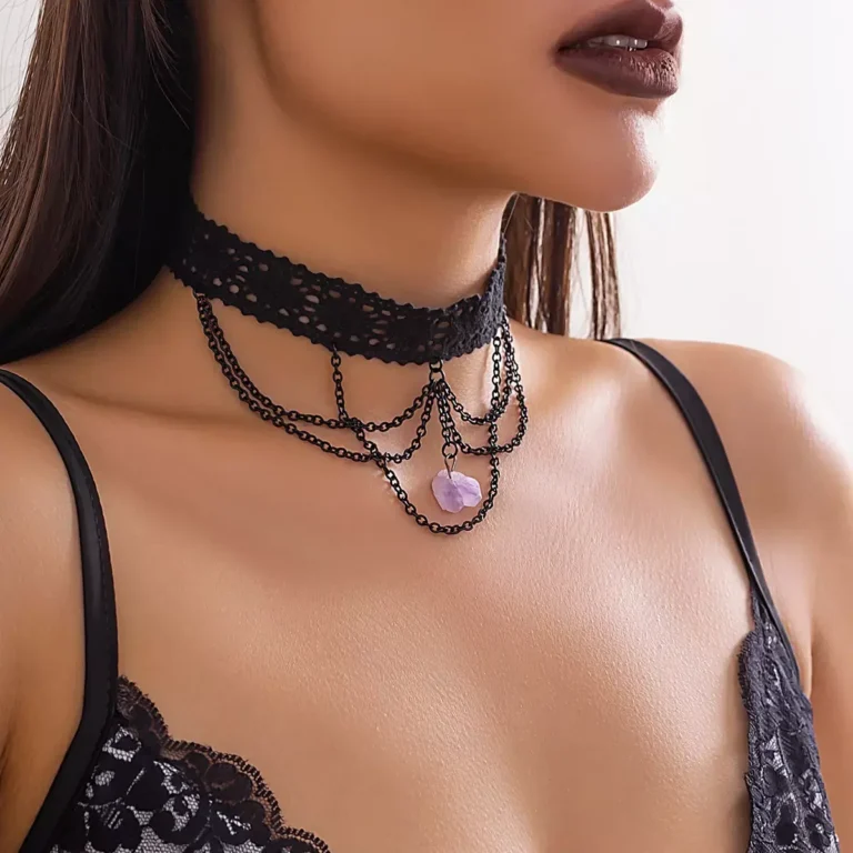 Gothic Black Lace Purple Stone Pendant Choker | Giftway