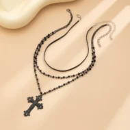 Gothic Multi-layer Crystal Beads Cross Choker flat| KE