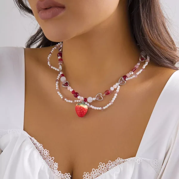 Nuru Strawberry Pendant Charm Beaded Pearl Necklace