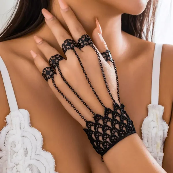 Victorian Womens Black Hand Lace Bracelet Ring Set | Giftway
