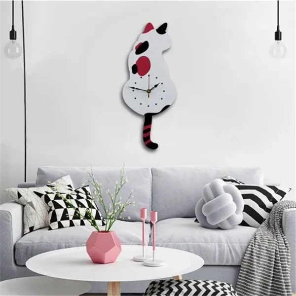 Adorable Waggling Tail Cat Art Wall Decor Clock | White