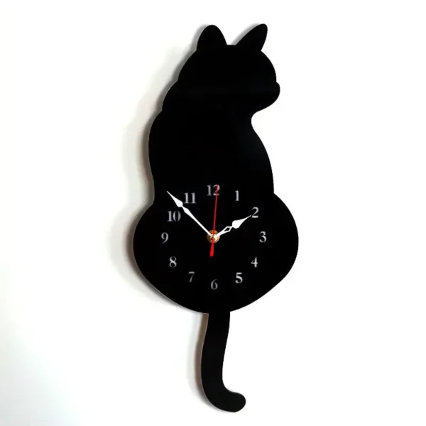 Adorable Waggling Tail Cat Art Wall Decor Clock | Black
